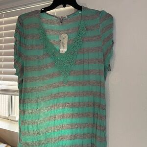 French Laundry Teal and Gray Striped Blouse